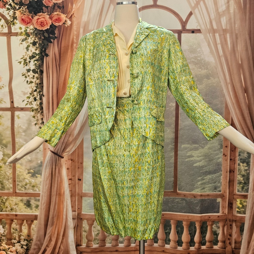 Vintage 1960s Jacket Blazer Skirt Two Piece Suit Set Yellow Green Lillie Rubin